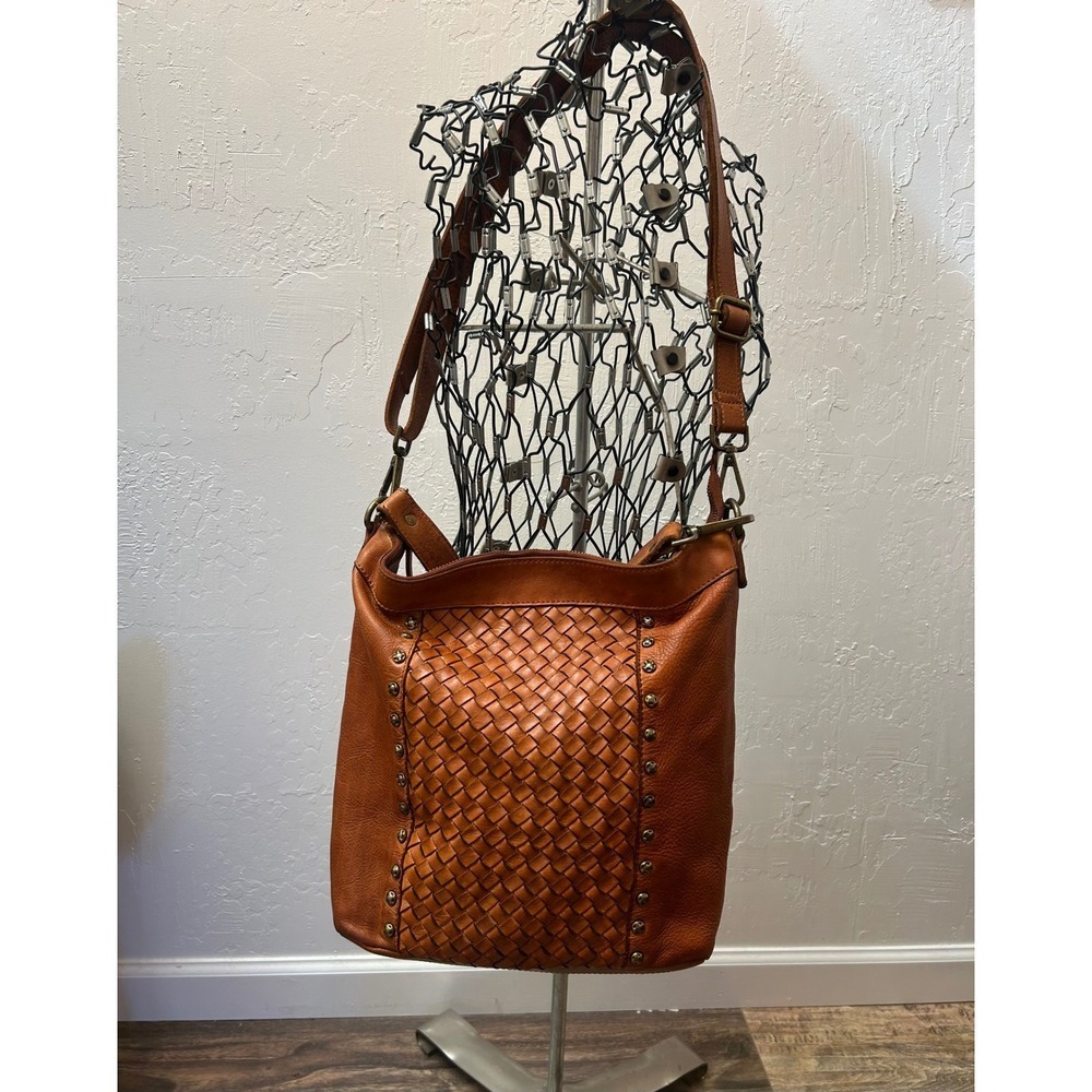 Vilenca Holland Leather Woven Studded Crossbody Hobo Bag Brown Boho Large - Picture 2 of 8
